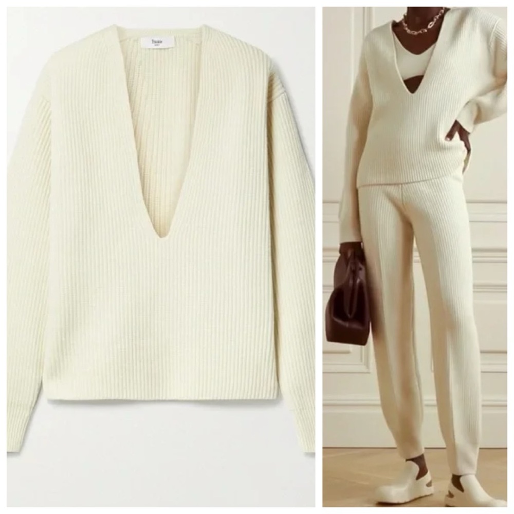 The Frankie Shop Sweater Beige Ribbed Knit 100% Wool V-neck